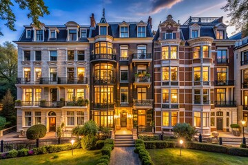 Obraz premium Amsterdam Oud-Zuid Luxury Apartments: Night View of Conservatories & Balconies near Vondelpark