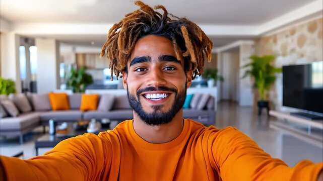 A man with dreadlocks takes a cheerful selfie in a modern living room with plants and orange accents.