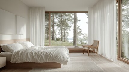 Bright and airy bedroom featuring large windows and scenic view
