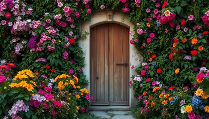 Fototapeta premium Secret Garden Entrance: Wooden Door Framed by Vibrant Flowers