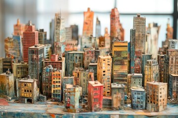 Detailed miniature cityscape made of distressed wood and paint