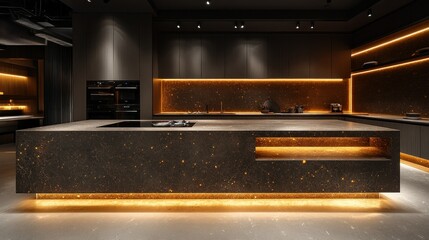 Modern kitchen showroom, illuminated countertop, dark cabinets, open concept