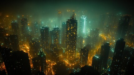 Fototapeta premium Foggy Metropolis Night Aerial Cityscape