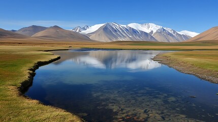 Serene mountain river reflecting snow capped peaks