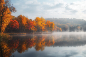 Herbstwald an einem von Nebel überzogenen See, Landschaftsmotiv, erstellt mit generativer KI