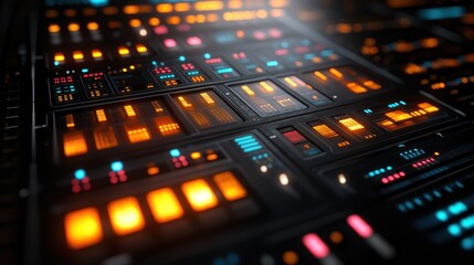 Futuristic control panel, glowing, server room, data processing