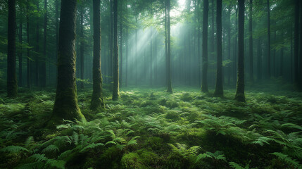 Lush green forest with mist and sunlight filtering through tall trees in early morning light. Generative AI
