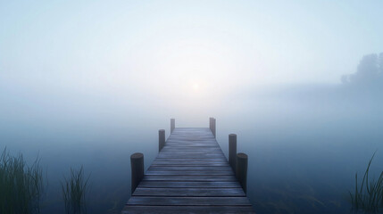 Fototapeta premium Wooden pier extends into a calm lake surrounded by thick fog, creating a serene and mysterious atmosphere
