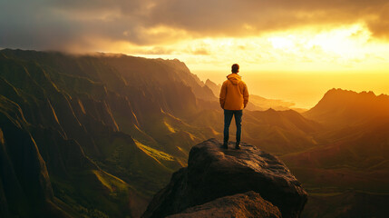 Fototapeta premium Adventurous traveler wearing a lightweight jacket, standing on top of a scenic mountain viewpoint with sunrise in the background