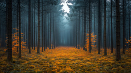 Obraz premium Dense forest pathway with tall trees and vibrant autumn foliage in the early morning light. Generative AI