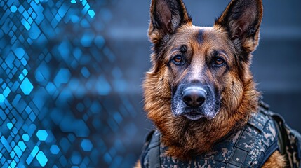Strong and vigilant army dog dons tactical vest for duty during training exercise
