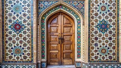 Ancient Persian White Door with Intricate Black Detailing in Yazd, Iran - Stock Photo