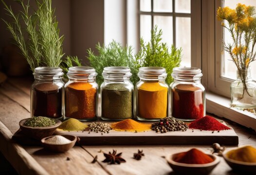 colorful arrangement spices displayed textured kitchen surface surrounded natural light minimalistic decor, bowls, bright, cheerful, composition, contrast, cumin