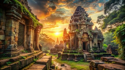 Ancient Thai Ruins: Majestic Stone Structures at Sunset, Copy Space Left