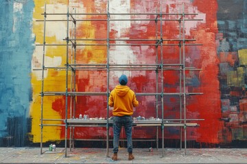Street artist spray-painting a colorful mural on a brick wall