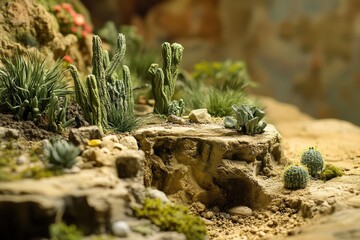 Miniature desert landscape featuring cacti succulent and arid terrain