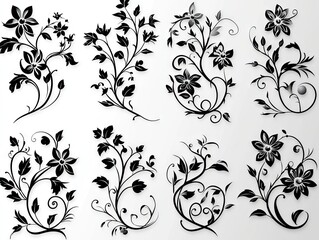 Eight black floral design elements on a white background for graphic design use.