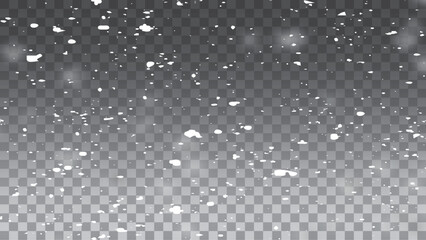 Snow and wind. Vector heavy snowfall, snowflakes in various shapes and forms. Many white cold flakes elements on a transparent background.