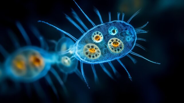 Microscopic view revealing plankton emitting a gentle blue light in a vibrant underwater environment. Generative AI