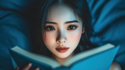 A woman is laying on her back with a book open in front of her face. She has red lips and is looking at the book