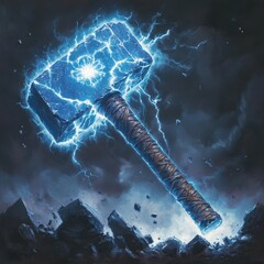 A colossal warhammer forged from storm-infused metal, with a jagged thundercloud head, glowing rune, spiked crystalline surface, and obsidian leather handle, capable of discharging electric blasts and