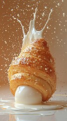 A croissant made of milk, half bread and half milk with a milk splash, in 3D rendering and surrealist style on a white background

