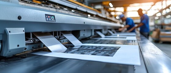 Factory workers operate printing press, sheets emerging.