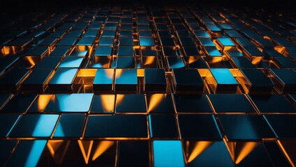 Obraz premium Abstract geometric shapes forming a fragmented pattern with luminous edges, casting soft reflections and shadows over a dark, sleek surface