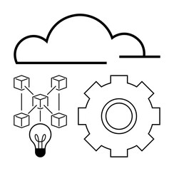 Cloud shape with blockchain nodes, lightbulb for innovation, and gear representing process engineering. Ideal for tech, innovation, blockchain, cloud solutions, data flow, automation abstract line