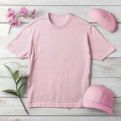 A pink t-shirt mockup on a light gray wooden surface with a pink cap on the right and a small pink orchid plant on the left for a nice cinematic product branding view

