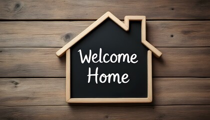 House shaped chalkboard sign on rustic wood welcome home text
