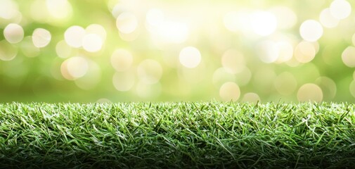 Obraz premium Soft-focus nature background with glowing sunlight, green grass, and dreamy bokeh effect, fresh and vibrant outdoor scenery, perfect for eco-friendly themes