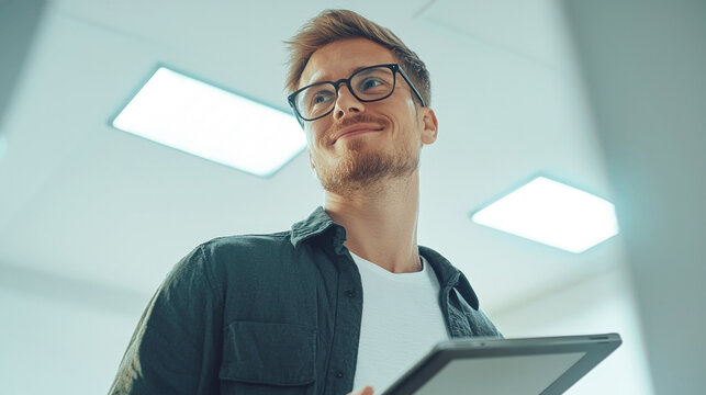 A confident young Caucasian man with glasses, with a slight smile, standing in a modern IT office with a geometric ceiling design, holds a tablet in his hand, exuding ambition and creativity. - Powered by Adobe