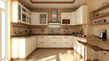 Fototapeta premium Bright well lit kitchen with off white cabinets and barstools