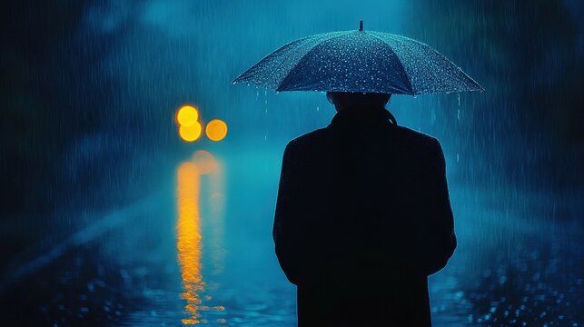 A man is standing in the rain with an umbrella. The image has a moody and melancholic feel to it, as the man is alone and the rain seems to be falling heavily - Powered by Adobe
