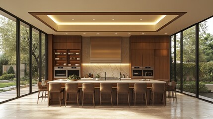 Modern kitchen with large island, backyard view, and a spacious feel