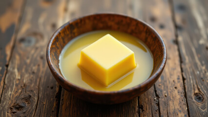 A close-up of a bowl with cubes of yellow fat floating on top of melted beef tallow.