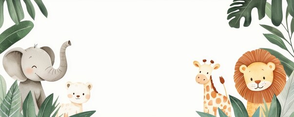 Watercolor-style safari animal frame with tropical leaves, charming baby elephant, giraffes, lion, and zebra in a lush green jungle setting, soft and whimsical illustration