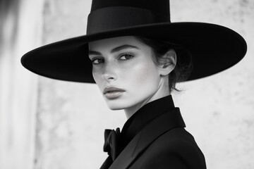 Elegant female portrait in stylish hat with monochrome aesthetic