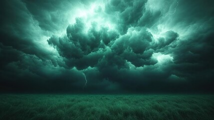 Green storm clouds over field, lightning, night, background, ominous