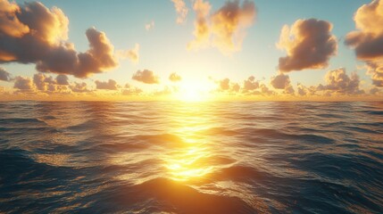 Obraz premium Ocean sunset, golden clouds, calm sea, travel poster