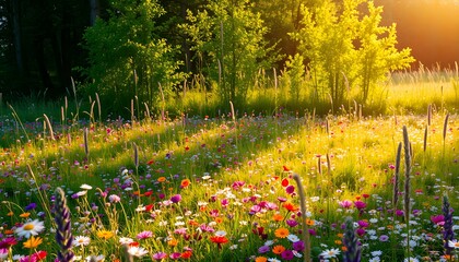 Obraz premium Golden Meadow: A Kaleidoscope of Wildflowers in Radiant Light