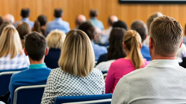 Engaged audience listening to speaker in modern conference setting