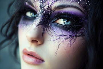 Female adult with glittery purple makeup and dramatic eye art
