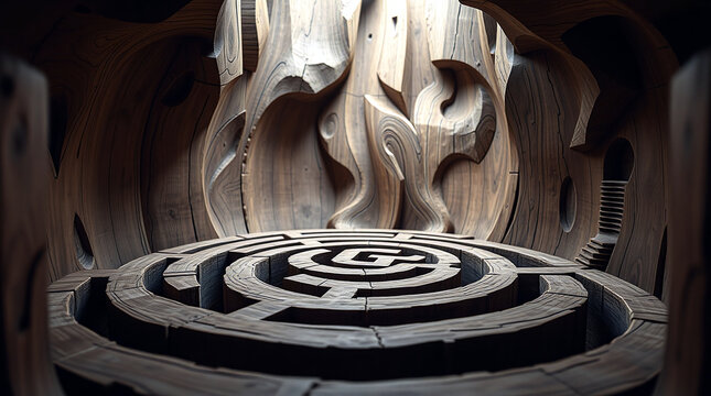 Labyrinth aus Holz. Ein Irrgarten, wie ein Kunstwerk.