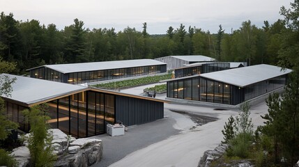 Obraz premium Modern rural campus, forest backdrop, evening light, research