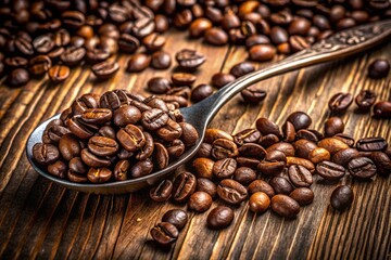 Fototapeta premium Aromatic Coffee Beans and Spoon on Rustic Wood - Stock Photo