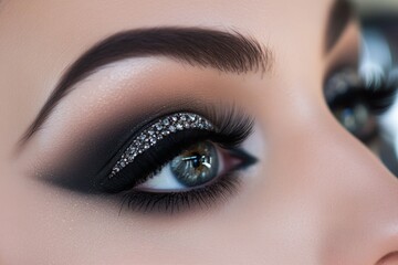 Fototapeta premium Close-up of female caucasian young eye with dramatic makeup and rhinestone eyeliner