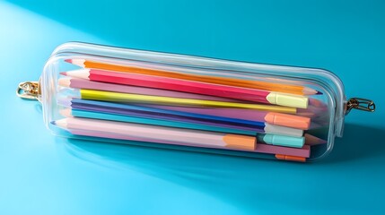 Fototapeta premium Colorful Pencils in Transparent Pencil Case on Blue Background