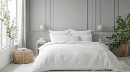 Fototapeta premium Elegant bedroom interior features a comfortable bed and plants